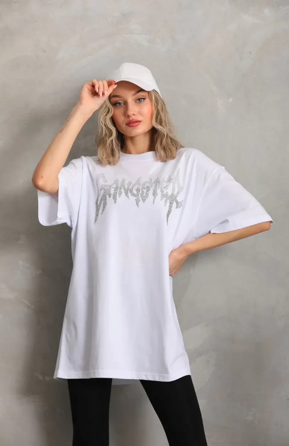 Unisex Taş Desenli Oversize T-Shirt - Beyaz