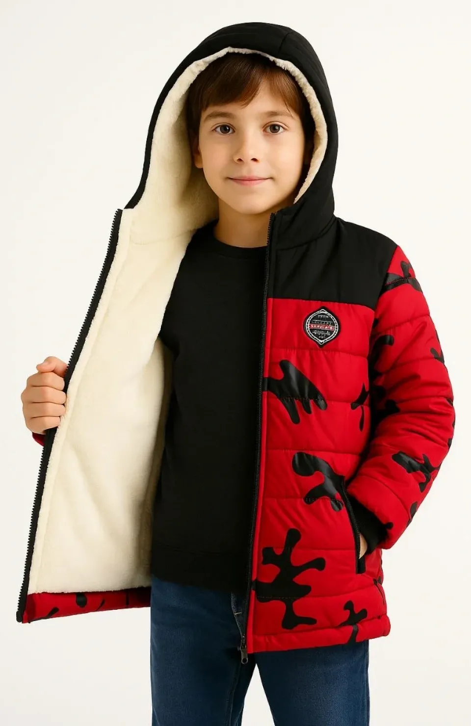 Erkek Çocuk Kamuflaj Desenli Mont İçi Sıcak Tutan Pelüş Astarlı, Kapüşonlu, Fermuarlı Kışlık Su İtici Şişme Mont - Kırmızı Somersan Giyim | Kadın, Erkek ve Çocuk Moda