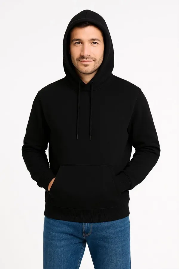 Erkek Üç İplik Kapüşonlu Kanguru Cepli SweatShirt hoodie - Siyah
