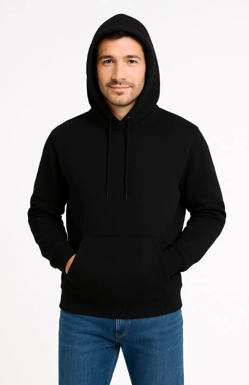 Erkek Üç İplik Kapüşonlu Kanguru Cepli SweatShirt hoodie - Siyah