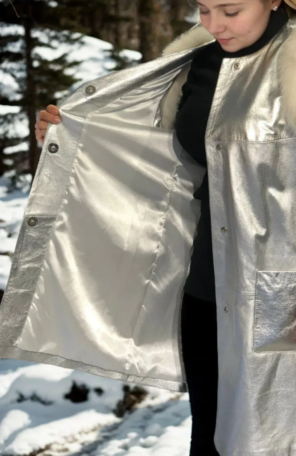 Kadın Kolsuz Hakiki Deri Kürk - Gri