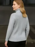 Kadın Balıkcı Yaka Bağazlı Triko Kazak Pamuklu Kalın Fitilli Dokuma - Gri