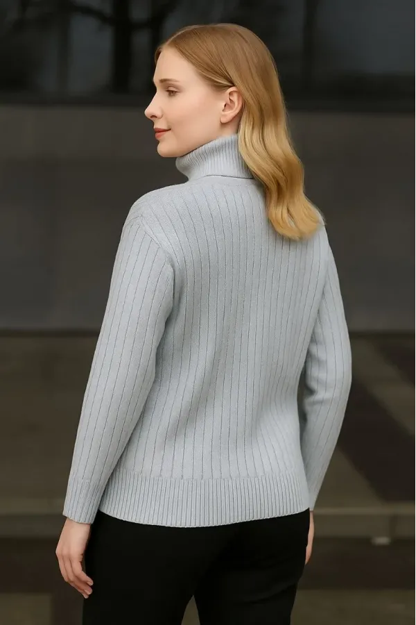 Kadın Balıkcı Yaka Bağazlı Triko Kazak Pamuklu Kalın Fitilli Dokuma - Gri