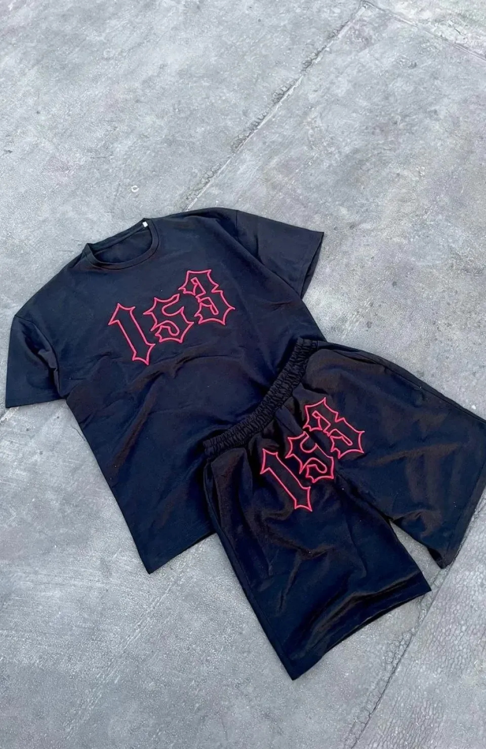 Erkek Nakış İşlemeli Şortlu Takım - Siyah