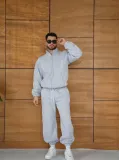 Erkek Premium Parçalı Eşofman Takım - Dik Yaka Fermuarlı Biyeli Sweatshirt Lastik Paça Alt, Oversize 3 iplik Şardonlu - Gri
