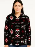 Kadın Yarım Fermuarlı Desenli Polar Sweat Tribal Etnik Desen Yakalı, Uzun Kollu, Oversize Rahat Kalıp - Siyah