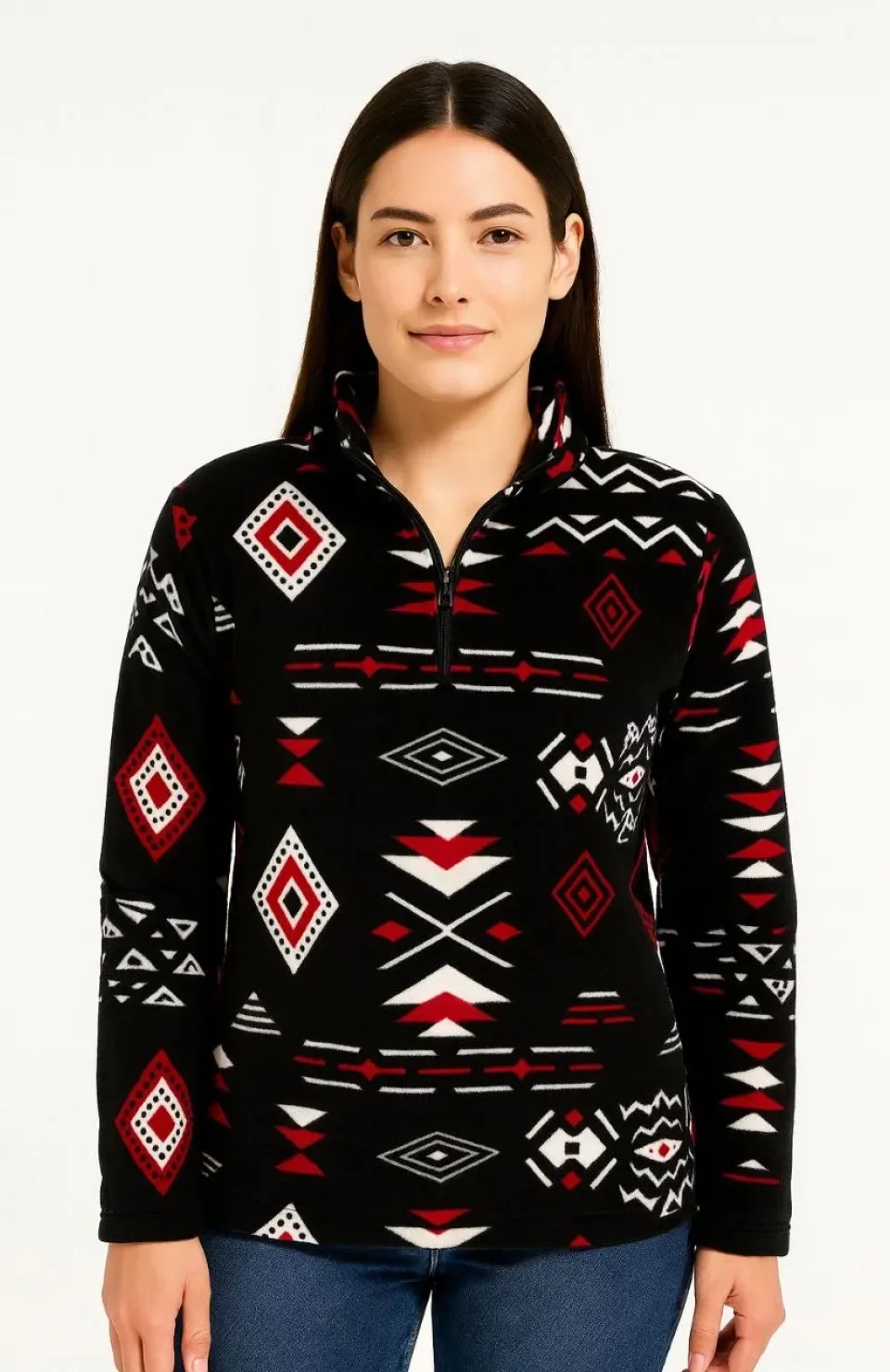 Kadın Yarım Fermuarlı Desenli Polar Sweat Tribal Etnik Desen Yakalı, Uzun Kollu, Oversize Rahat Kalıp - Siyah