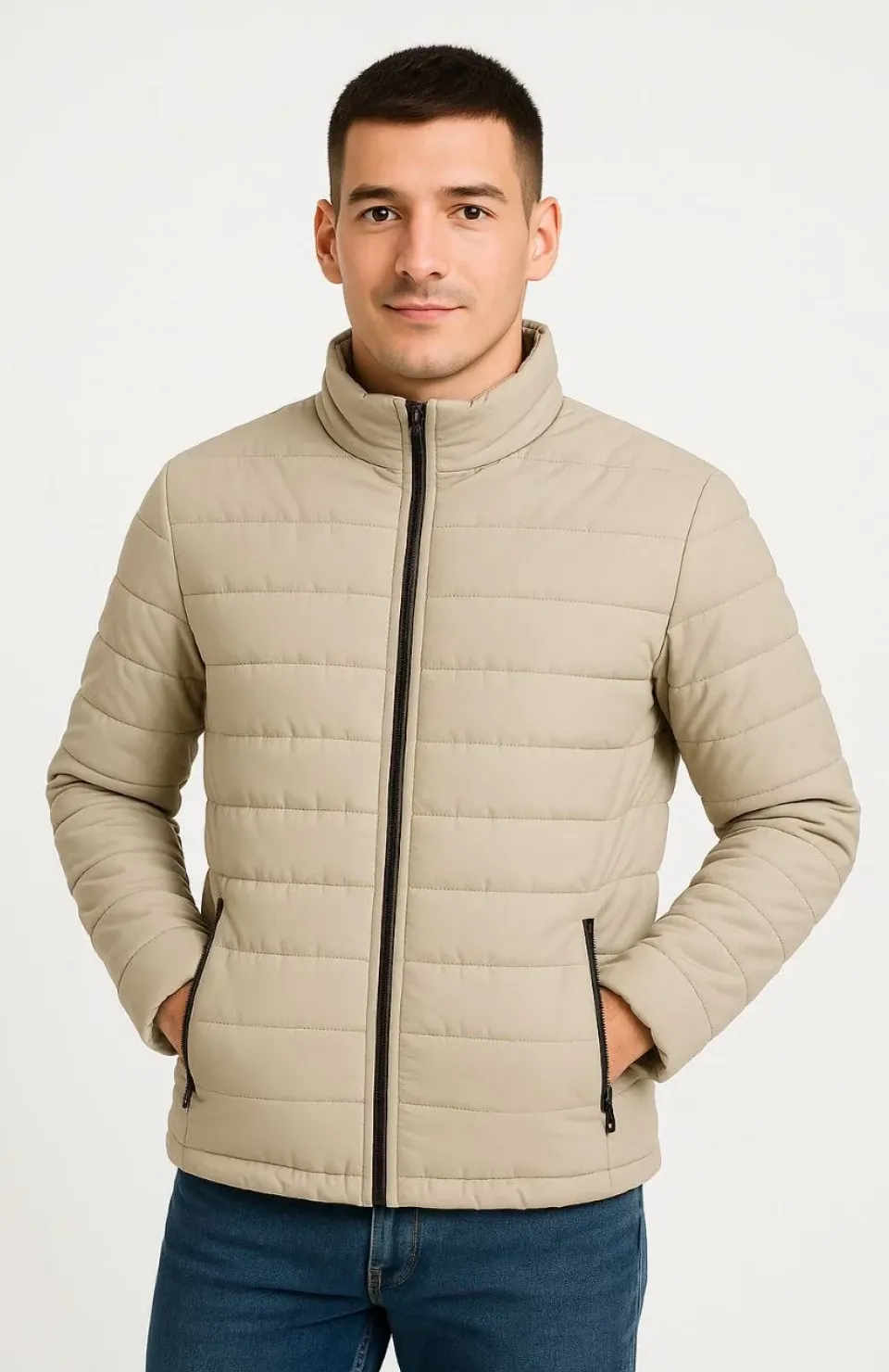 Erkek Bomber Mont Ceket – Su İtici Kumaş, Kapitone Astarlı, Fermuarlı, Kışlık - Bej