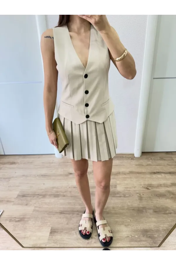 Keten Takım Görünümlü Düğme Detaylı Yelekli Mini Elbise - Bej