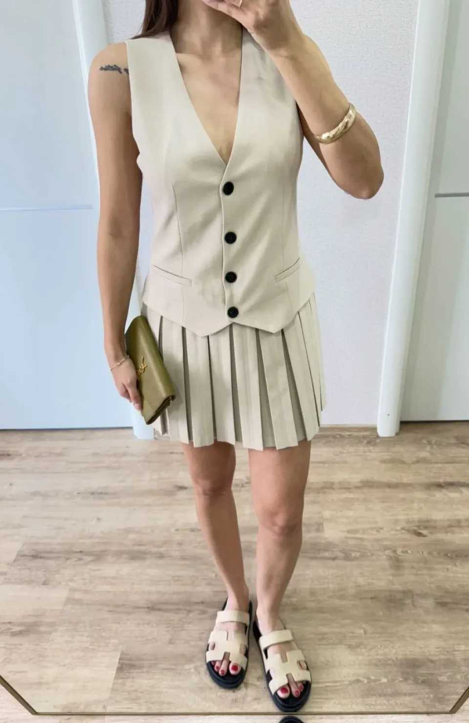 Keten Takım Görünümlü Düğme Detaylı Yelekli Mini Elbise - Bej