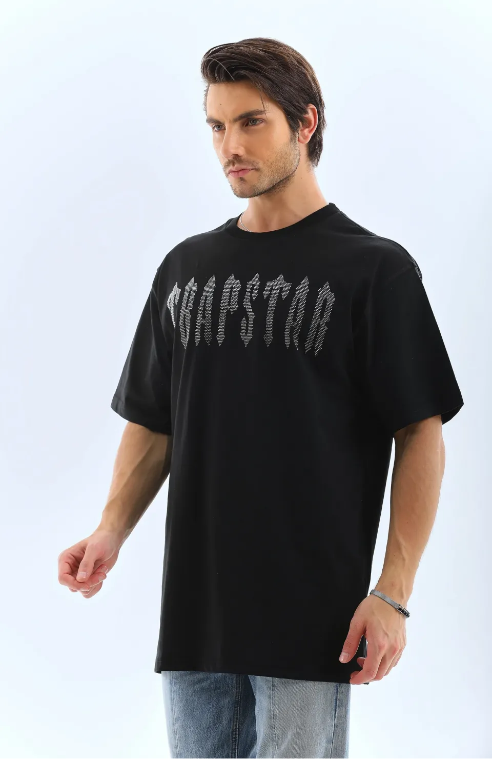 Unisex Oversize Taşlı Bisiklet Yaka T-Shirt - Siyah