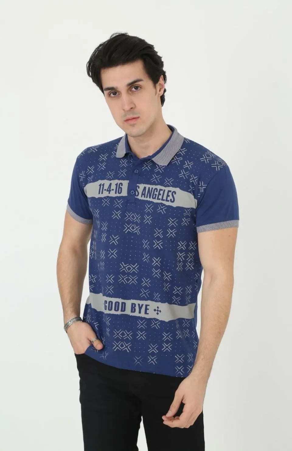 Erkek Yakalı Slim Fit Baskılı T-Shirt - Mavi