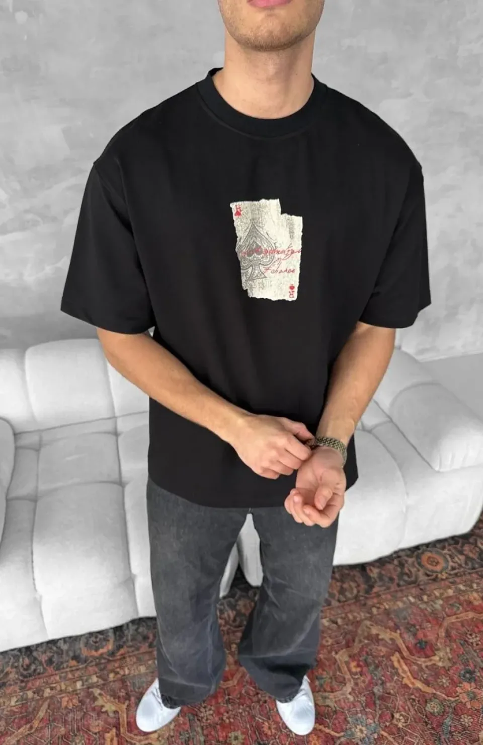 Ön ve Arka Baskılı Oversize Bisiklet Yaka T-shirt - Siyah