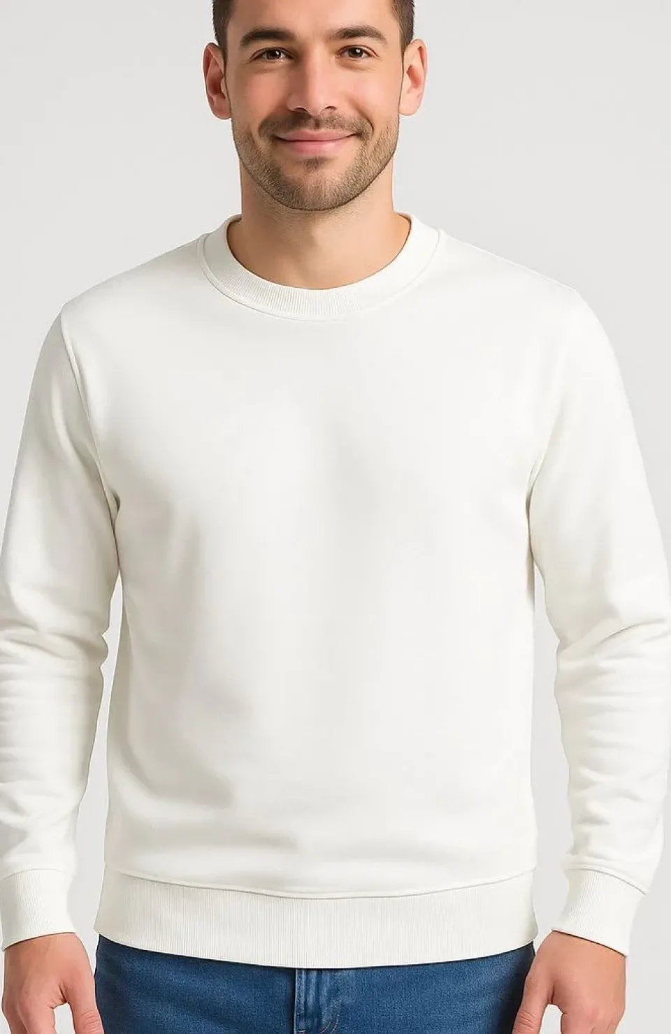 Erkek Üç İplik Düz Bisiklet Yaka SweatShirt - Beyaz