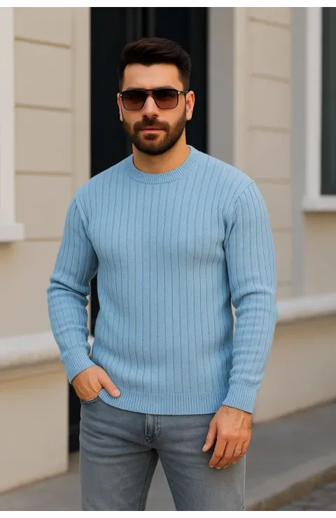 Erkek Bisiklet Yuvarlak Yaka Triko Kazak Pamuklu Kalın Fitilli Dokuma, Regular Fit Uzun Kollu Kışlık Model - Bebe Mavisi