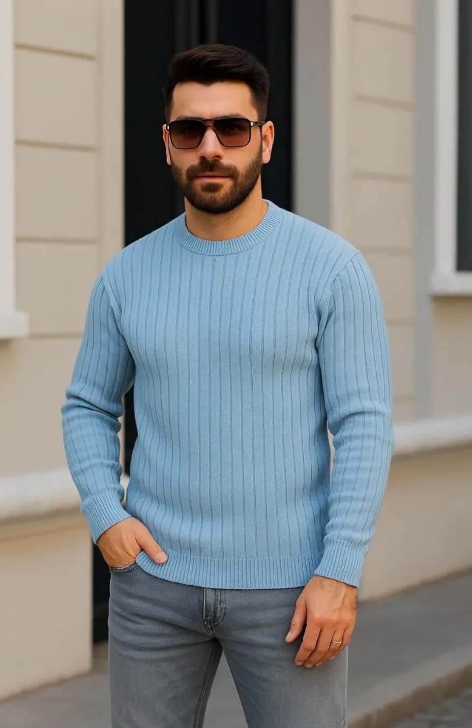 Erkek Bisiklet Yuvarlak Yaka Triko Kazak Pamuklu Kalın Fitilli Dokuma, Regular Fit Uzun Kollu Kışlık Model - Bebe Mavisi