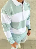 Erkek Polo Yaka Uzun Kollu Çizgili Sweatshirt Trend Rugby Stil - Çağla Yeşili