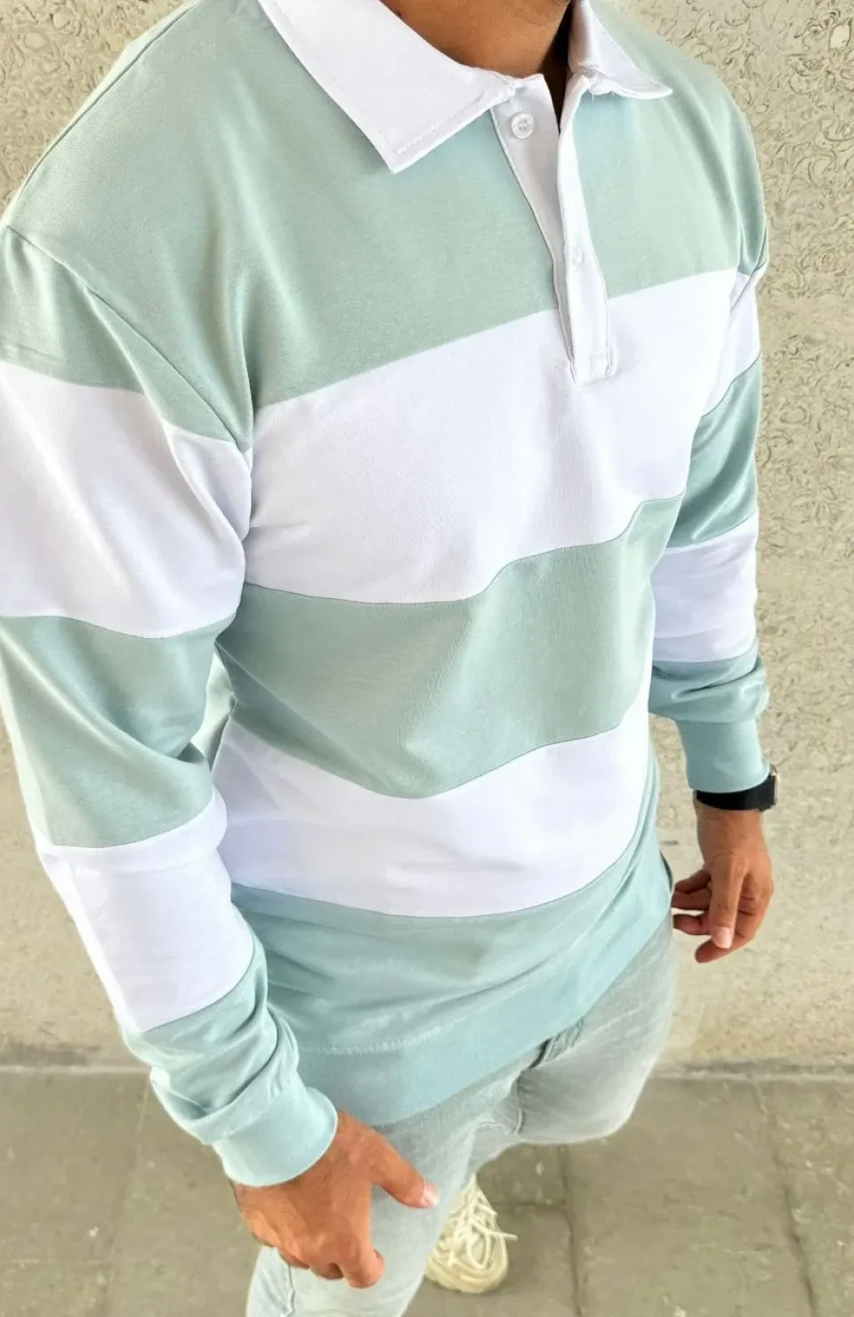 Erkek Polo Yaka Uzun Kollu Çizgili Sweatshirt Trend Rugby Stil - Çağla Yeşili