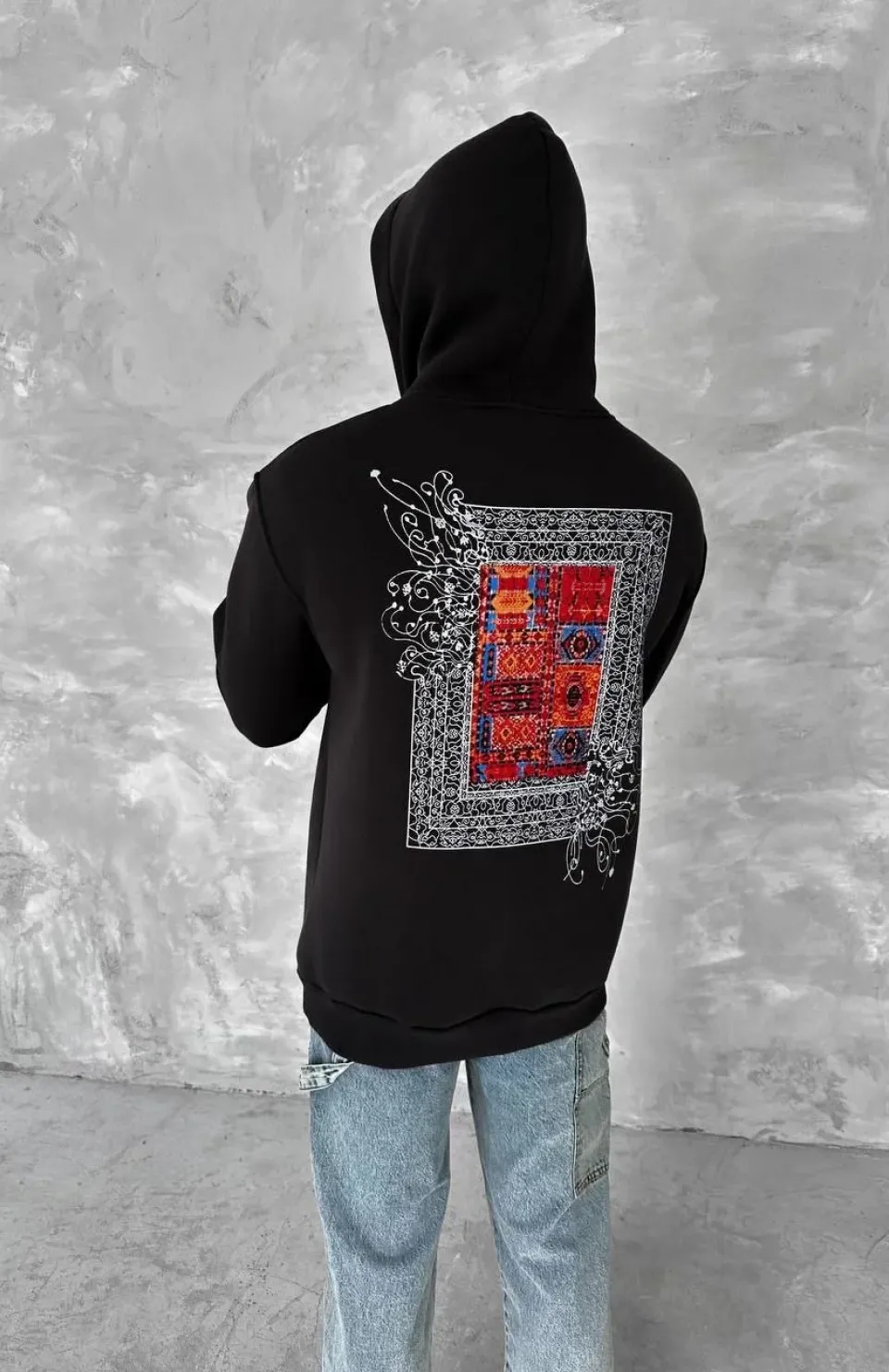 Uzun Kol Kapüşonlu Ön Ve Arka Baskılı SweatShirt - Siyah