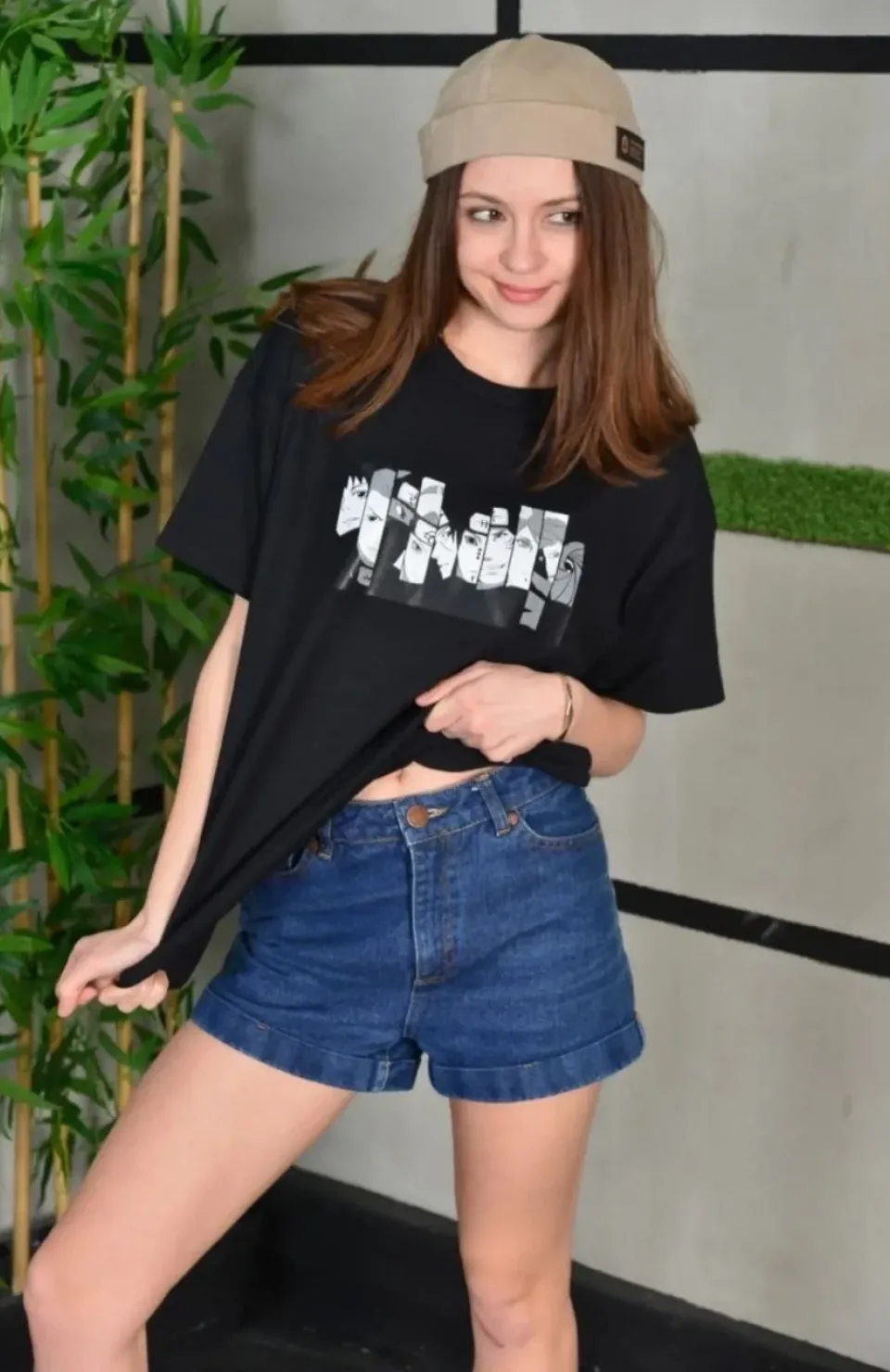 Unisex Bisiklet Yaka Baskılı Oversize T-Shirt - Siyah