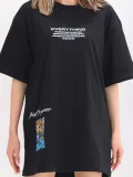 Unisex Bisiklet Yaka Baskılı Oversize T-Shirt - Siyah