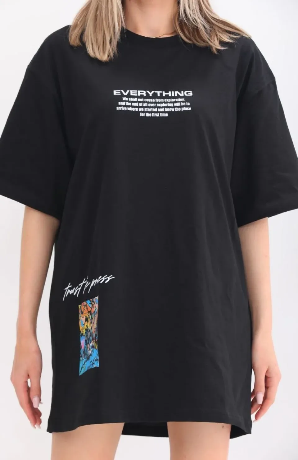 Unisex Bisiklet Yaka Baskılı Oversize T-Shirt - Siyah