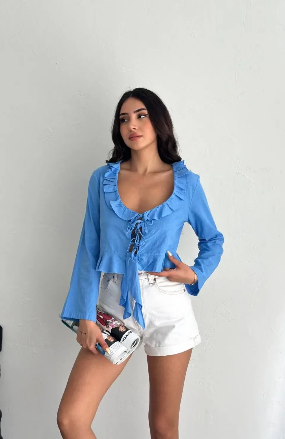 Keten Uzun Kol Bağacık Detaylı Bluz - Mavi