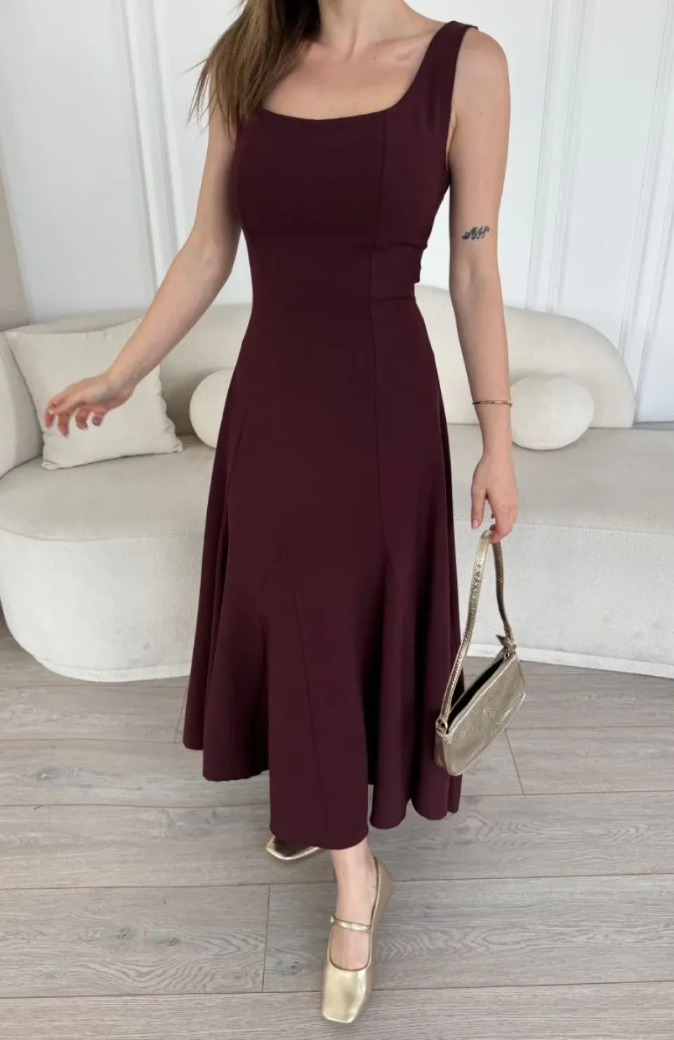 Sırt Dekolteli Kolsuz Uzun Elbise - Mürdüm