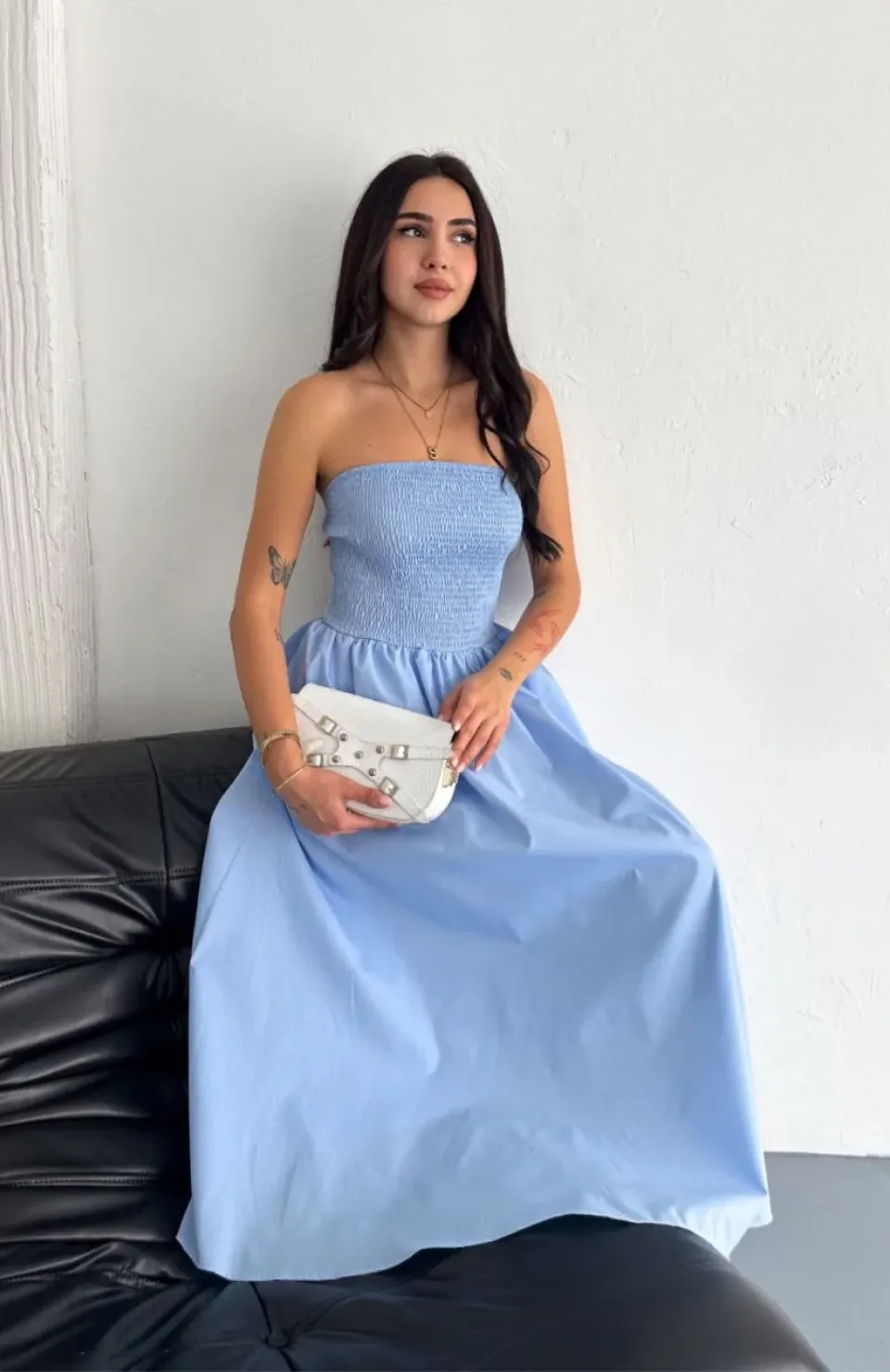 Straplez Pileli Elbise - Açık Mavi