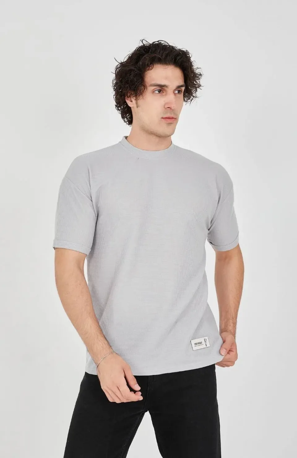 Unisex Waffle Kumaş Rahat Kol T-Shirt - Boyalı Gri