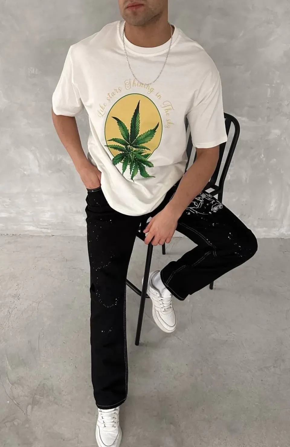 Ön ve Arka Baskılı Oversize Bisiklet Yaka T-shirt- Beyaz