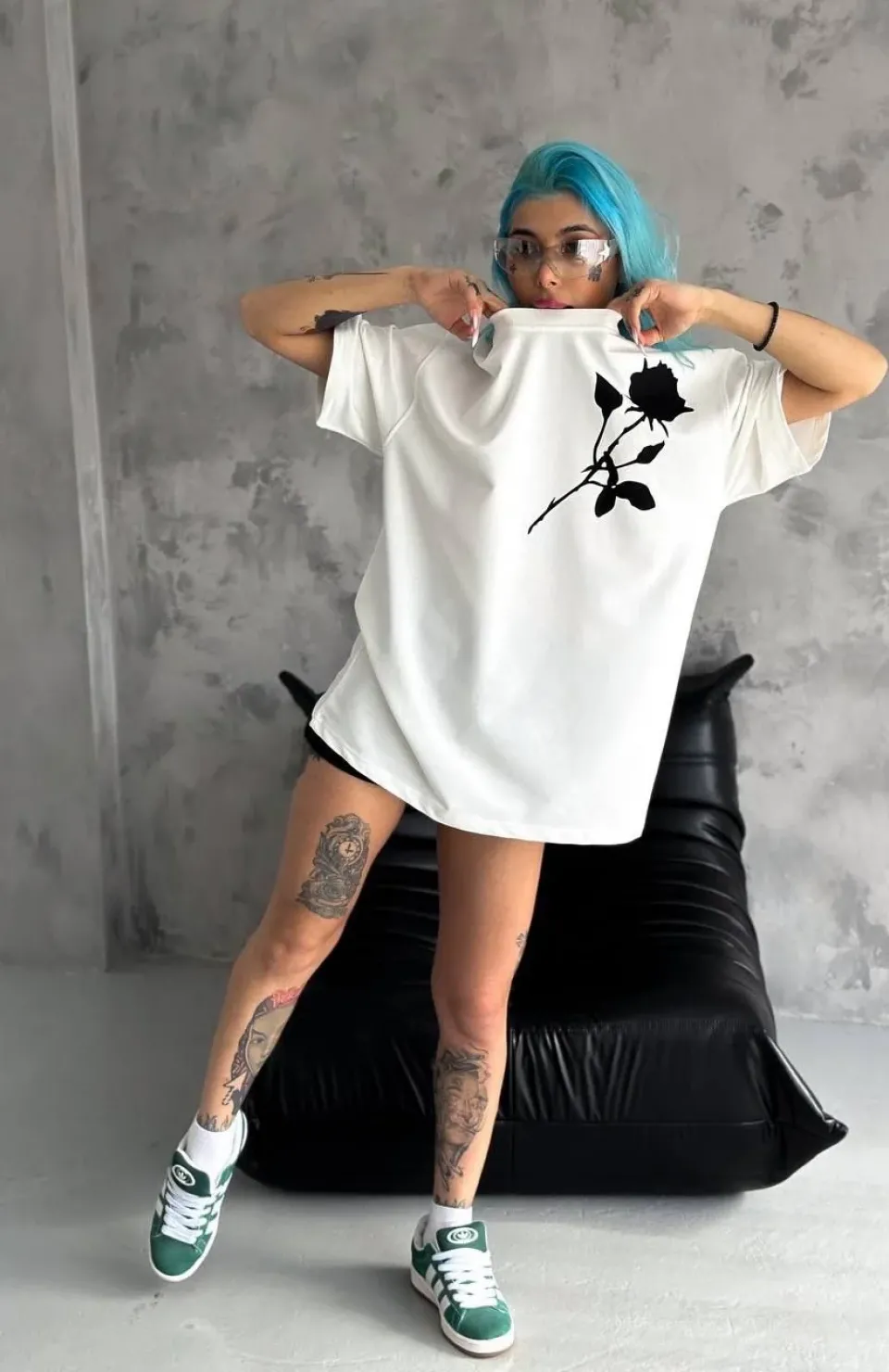 Unisex Bisiklet Yaka Baskılı Oversize T-Shirt - Beyaz