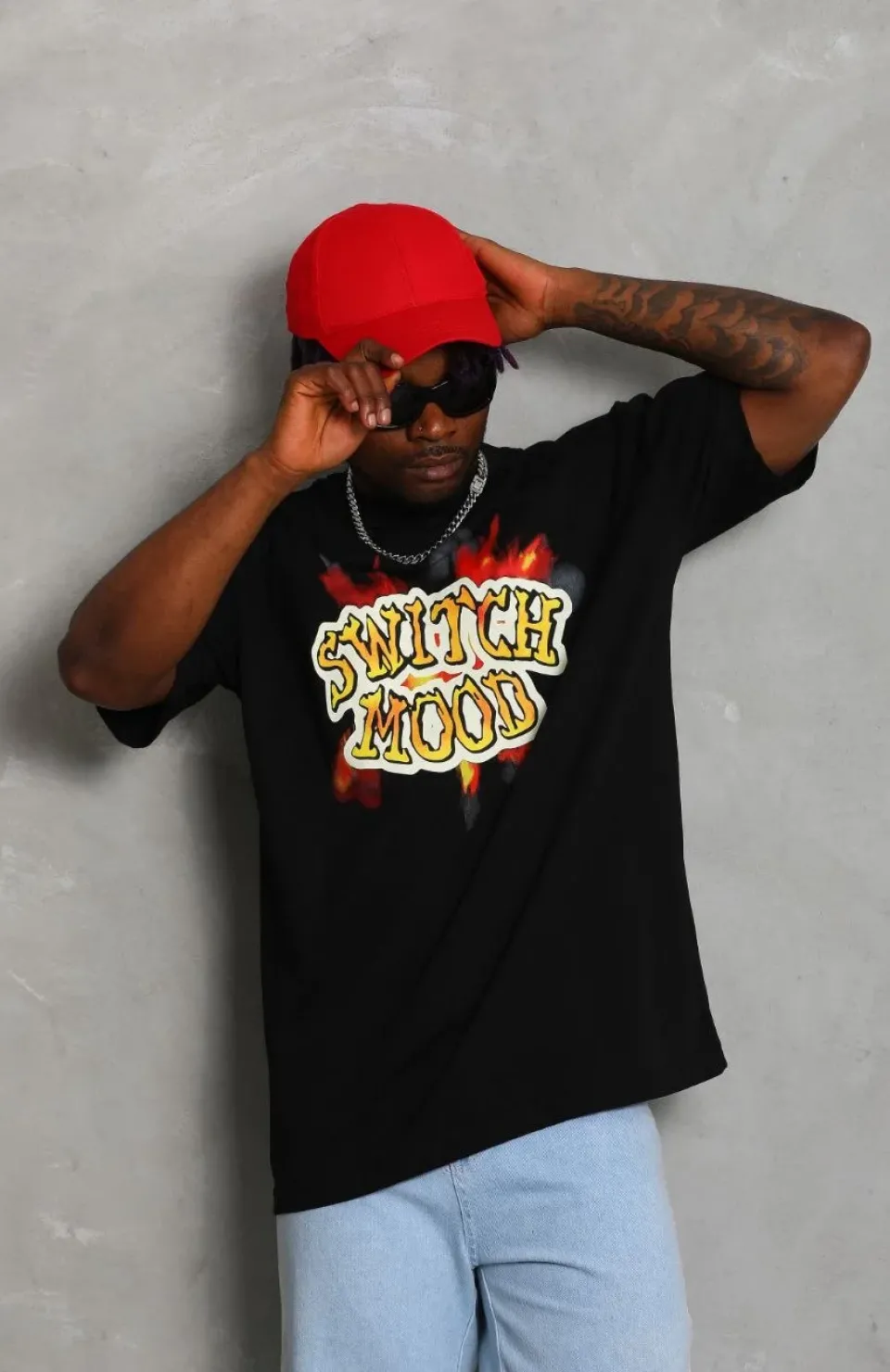 Unisex Oversize Baskılı Bisiklet Yaka T-Shirt - Siyah