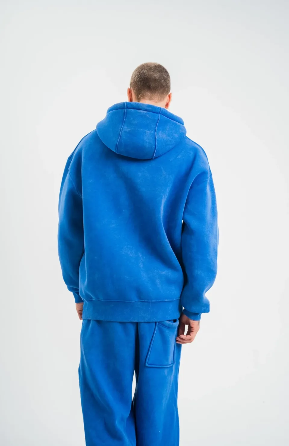 Unisex Double Oversize Kapşonlu Yıkamalı SweatShirt - Mavi