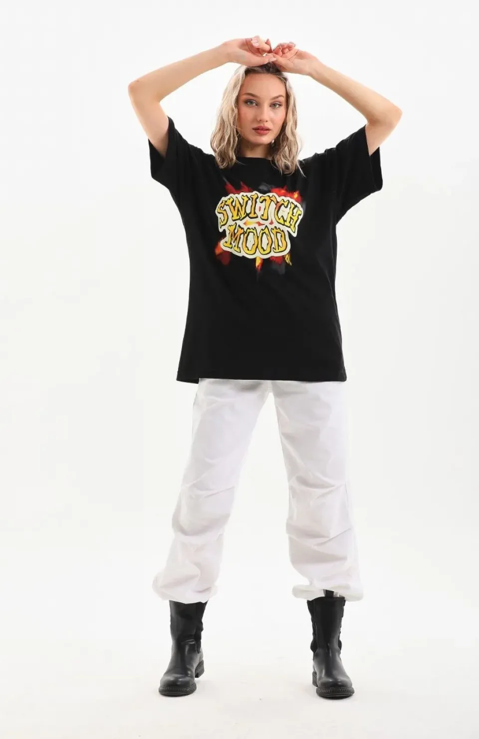 Unisex Baskılı Oversize T-Shirt - Siyah