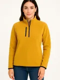 Kadın Polar Kazak – Dik Yaka, Yarım Fermuarlı, Fermuarlı Göğüs Cepli, Siyah Biyeli, Kışlık Rahat Regular Fit Günlük Model - Sarı