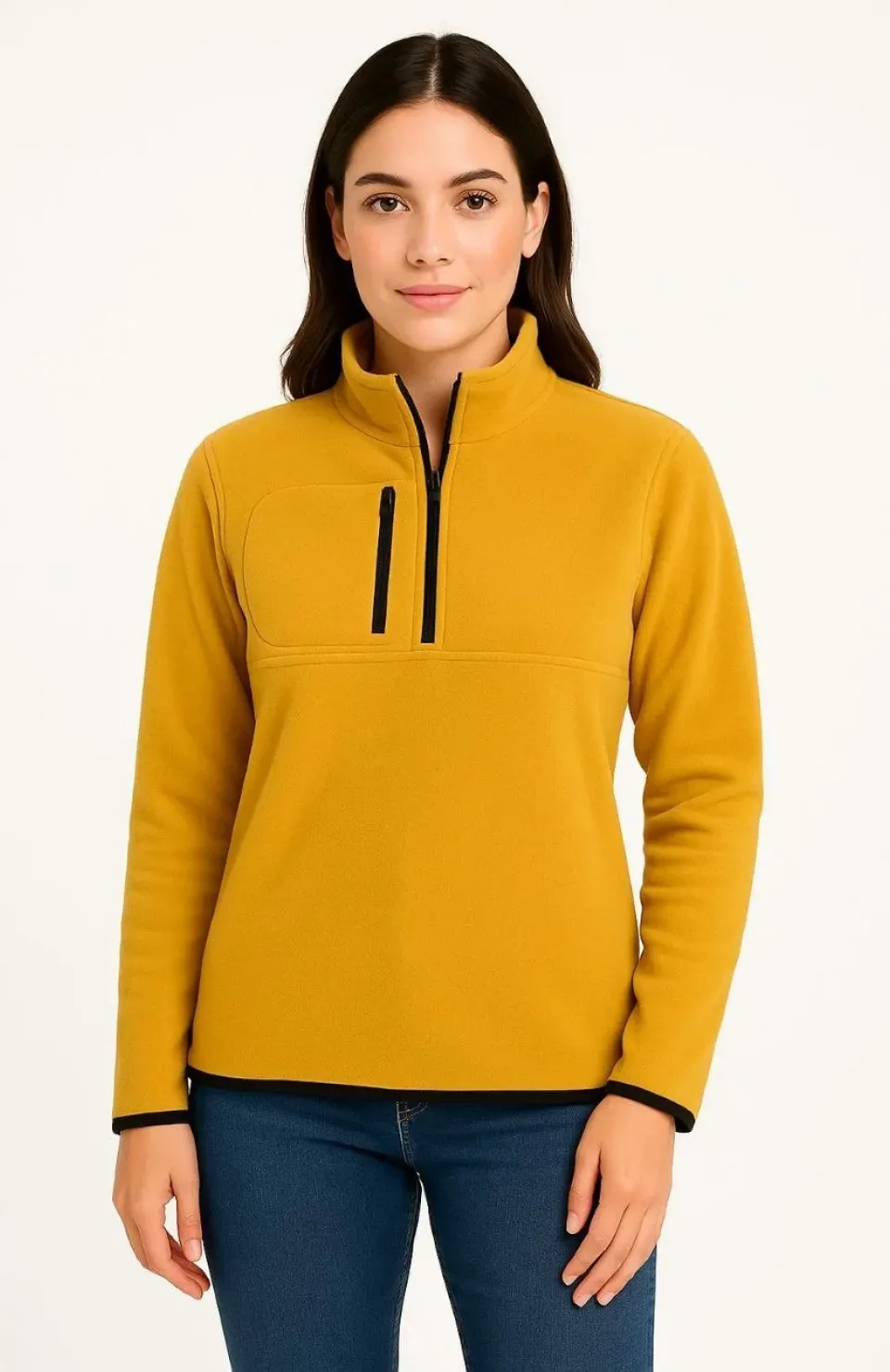 Kadın Polar Kazak – Dik Yaka, Yarım Fermuarlı, Fermuarlı Göğüs Cepli, Siyah Biyeli, Kışlık Rahat Regular Fit Günlük Model - Sarı