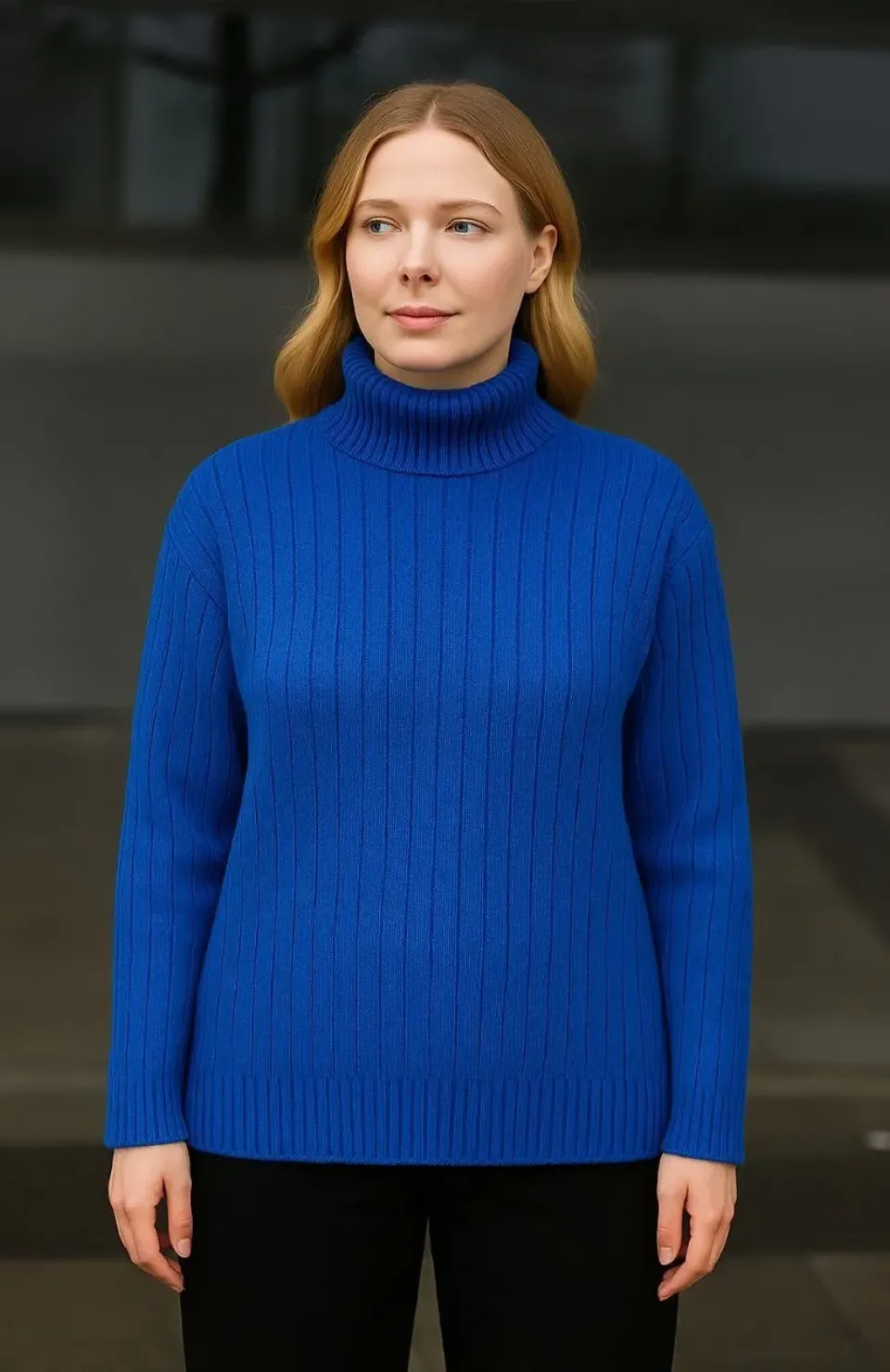 Kadın Balıkcı Yaka Bağazlı Triko Kazak Pamuklu Kalın Fitilli Dokuma - Saks Mavisi