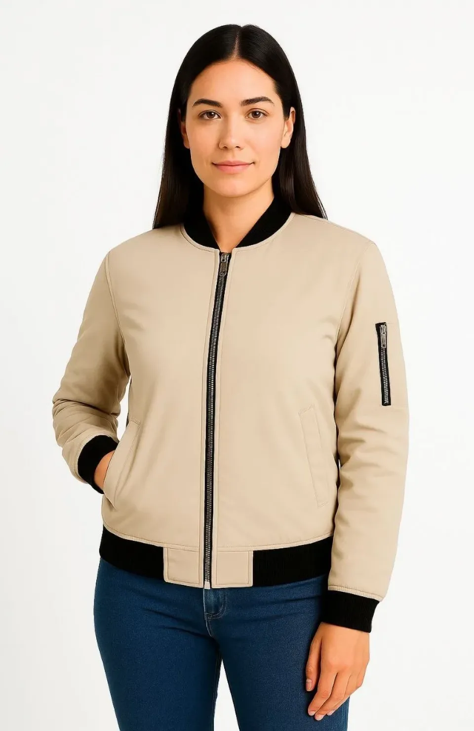 Kadın Bomber Mont Ceket – Fermuarlı, Kapitone İçi Astarlı, Su İtici Kumaş, Regular Fit, Yandan Cepli, Günlük Bahar & Kış Şık Rahat Stil - bej