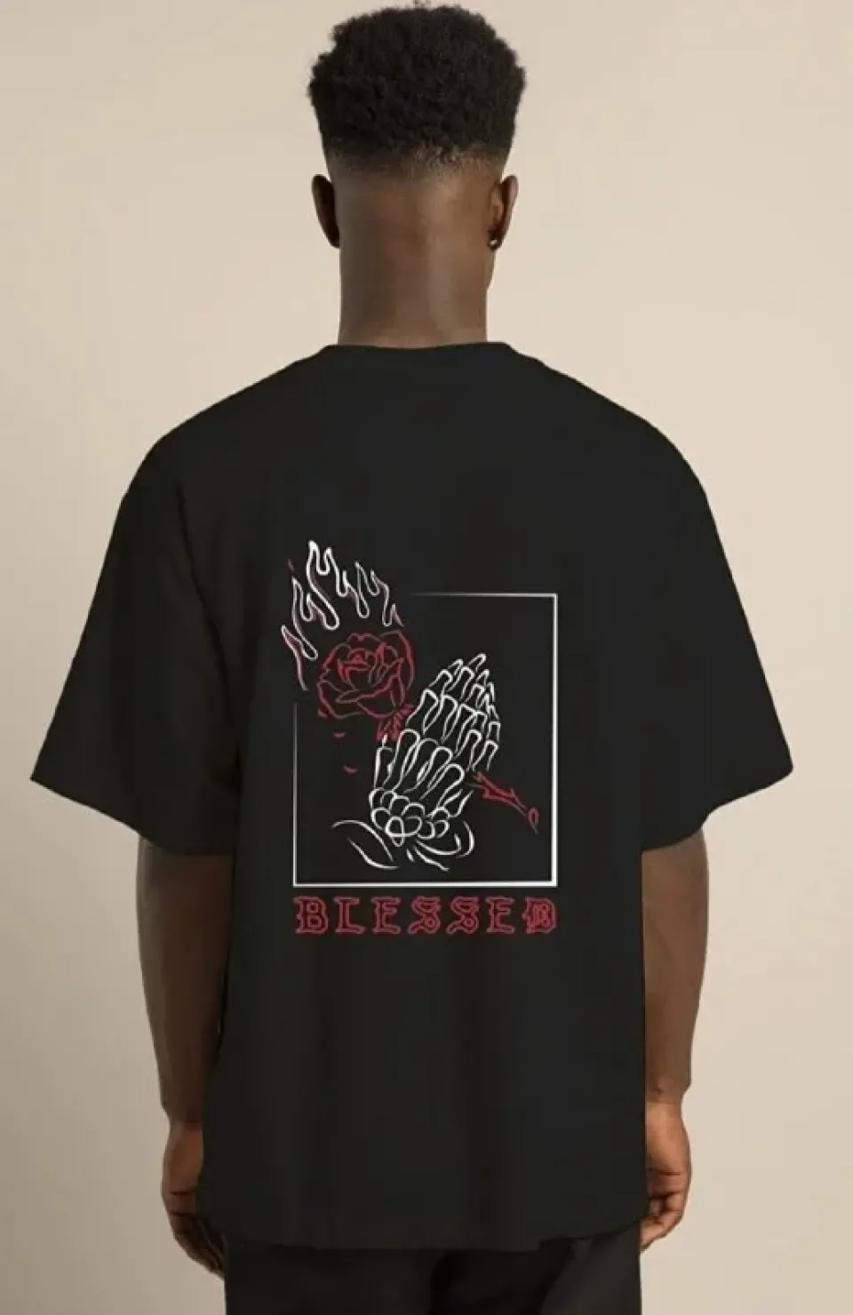 Unisex Bisiklet Yaka Oversize Baskılı T-Shirt - Siyah