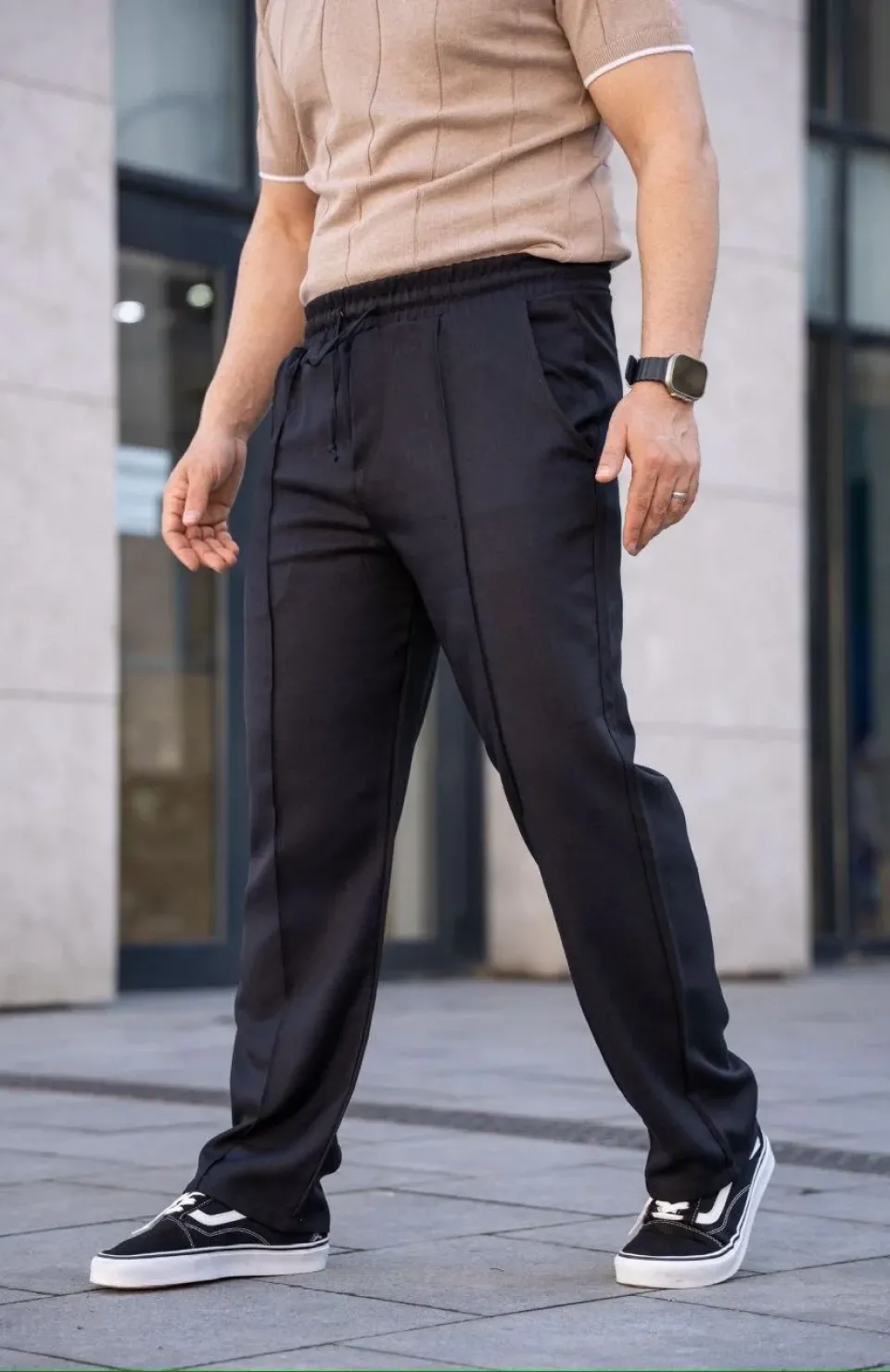 Erkek Keten Cepli Çıma Dikişli jogger Buggy Pantalon Rahat kalıp - Siyah