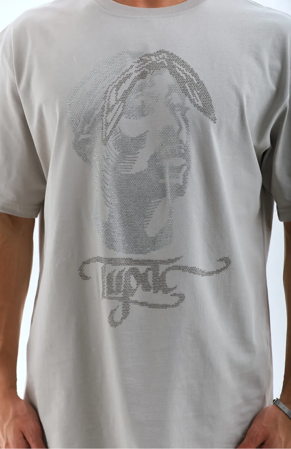 Unisex Oversize Taşlı Bisiklet Yaka T-Shirt - Gri