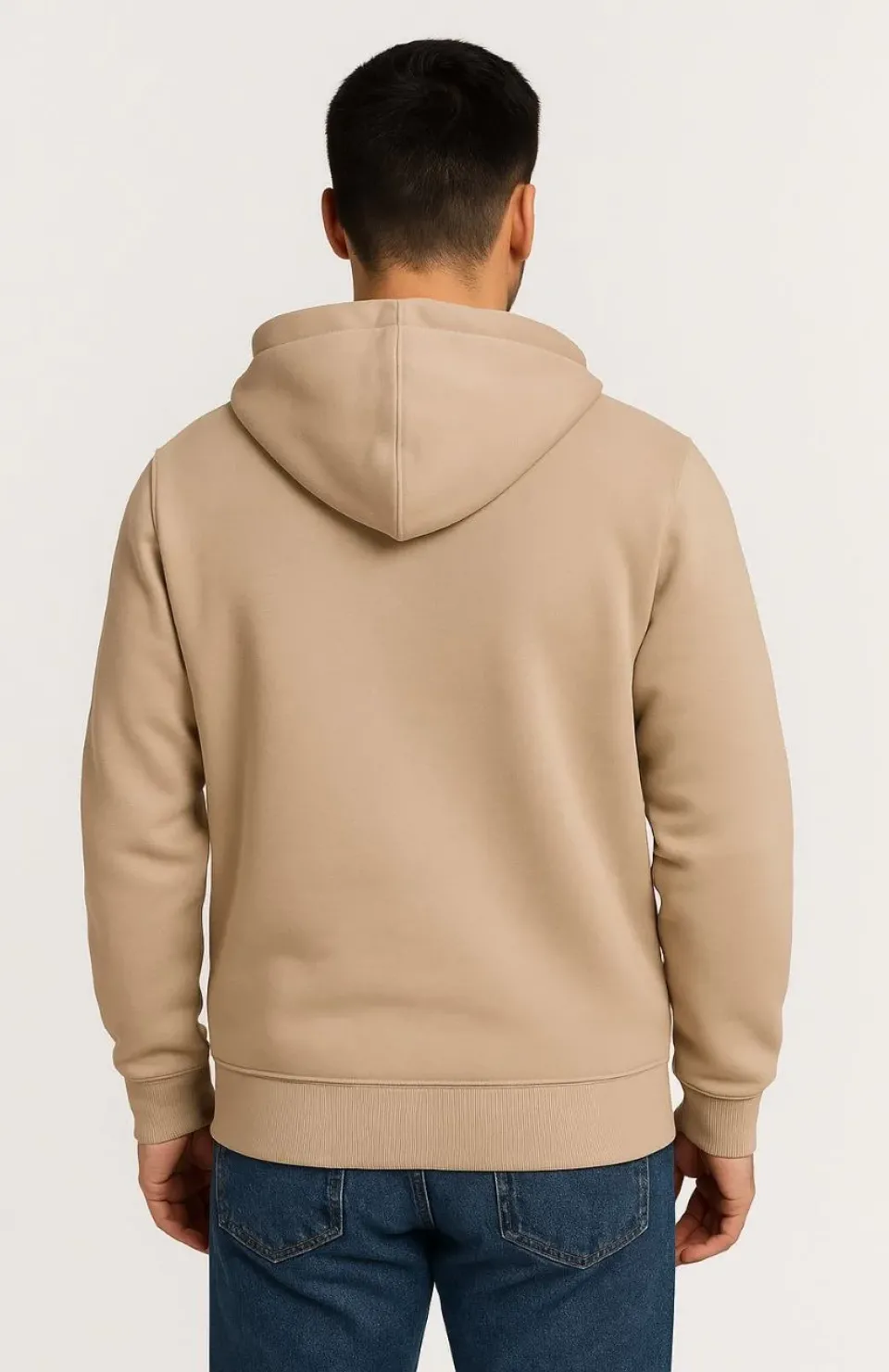 Erkek Üç İplik Kapüşonlu Tam Fermuarlı Kanguru Çepli SweatShirt Hoodie - Bej
