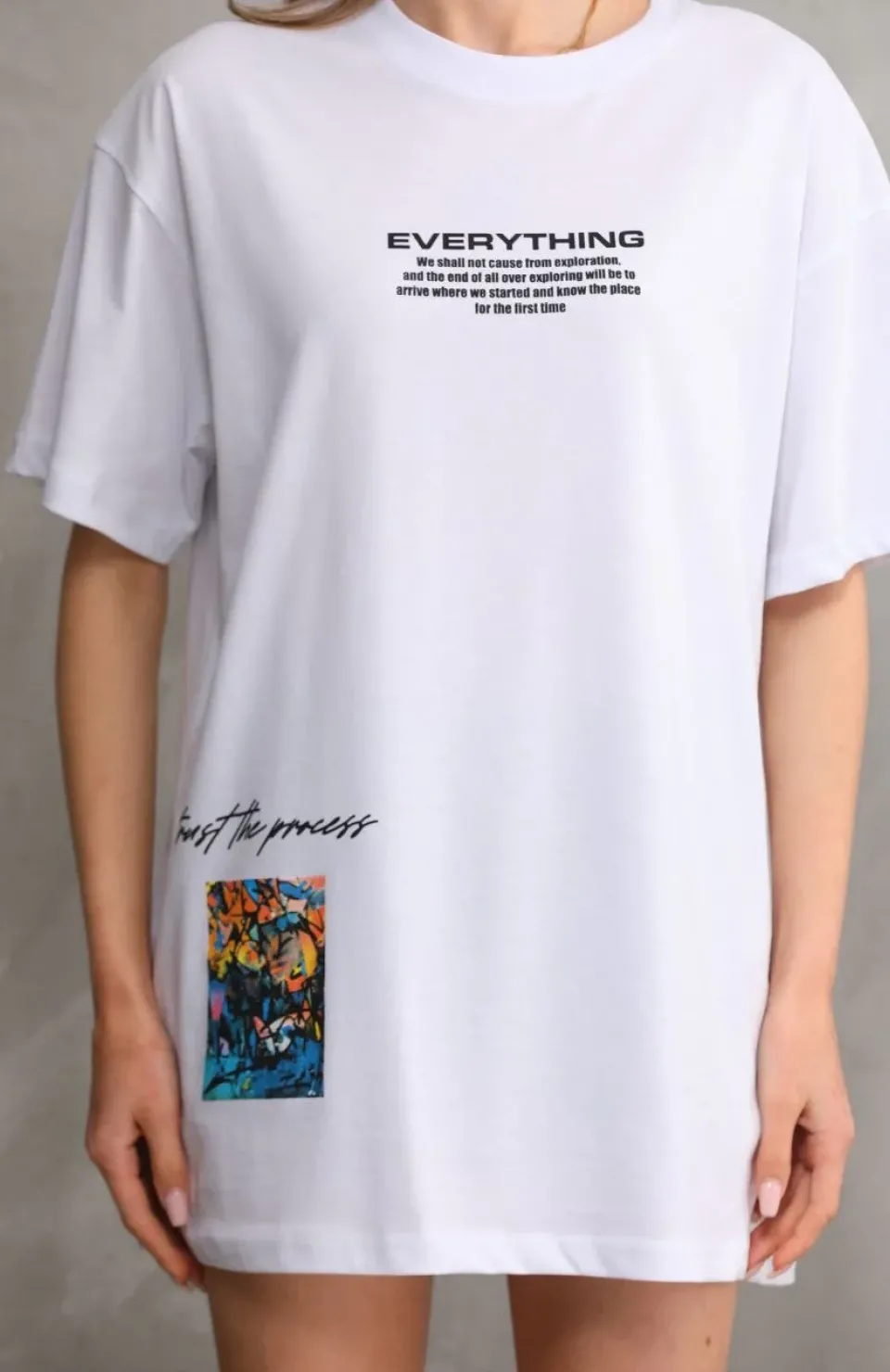 Unisex Bisiklet Yaka Baskılı Oversize T-Shirt - Beyaz