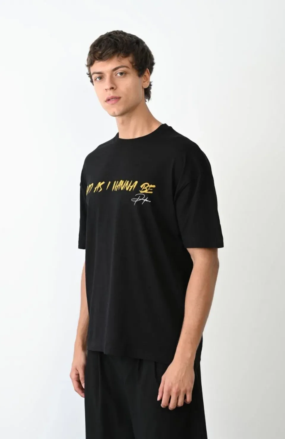 Unisex Bisiklet Yaka Baskılı Oversize T-Shirt - Siyah