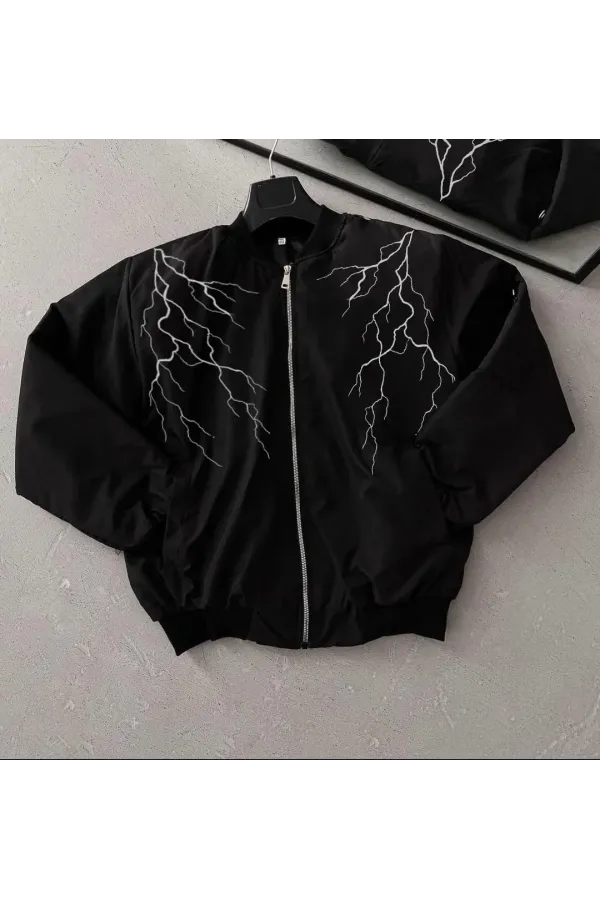 Unisex Siyah Bomber Mont – Beyaz Şimşek Desenli, Fermuarlı Cepli, Kapitone Astarlı Sokak Stili Günlük Ceket - Siyah