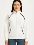 Kadın Oversize Dik Yaka Fermuarlı Sweatshirt - Zincir Nakışli Kanguru Cepli, - Beyaz