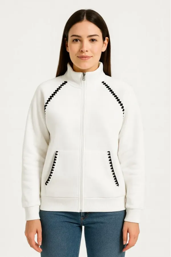 Kadın Oversize Dik Yaka Fermuarlı Sweatshirt - Zincir Nakışli Kanguru Cepli, - Beyaz