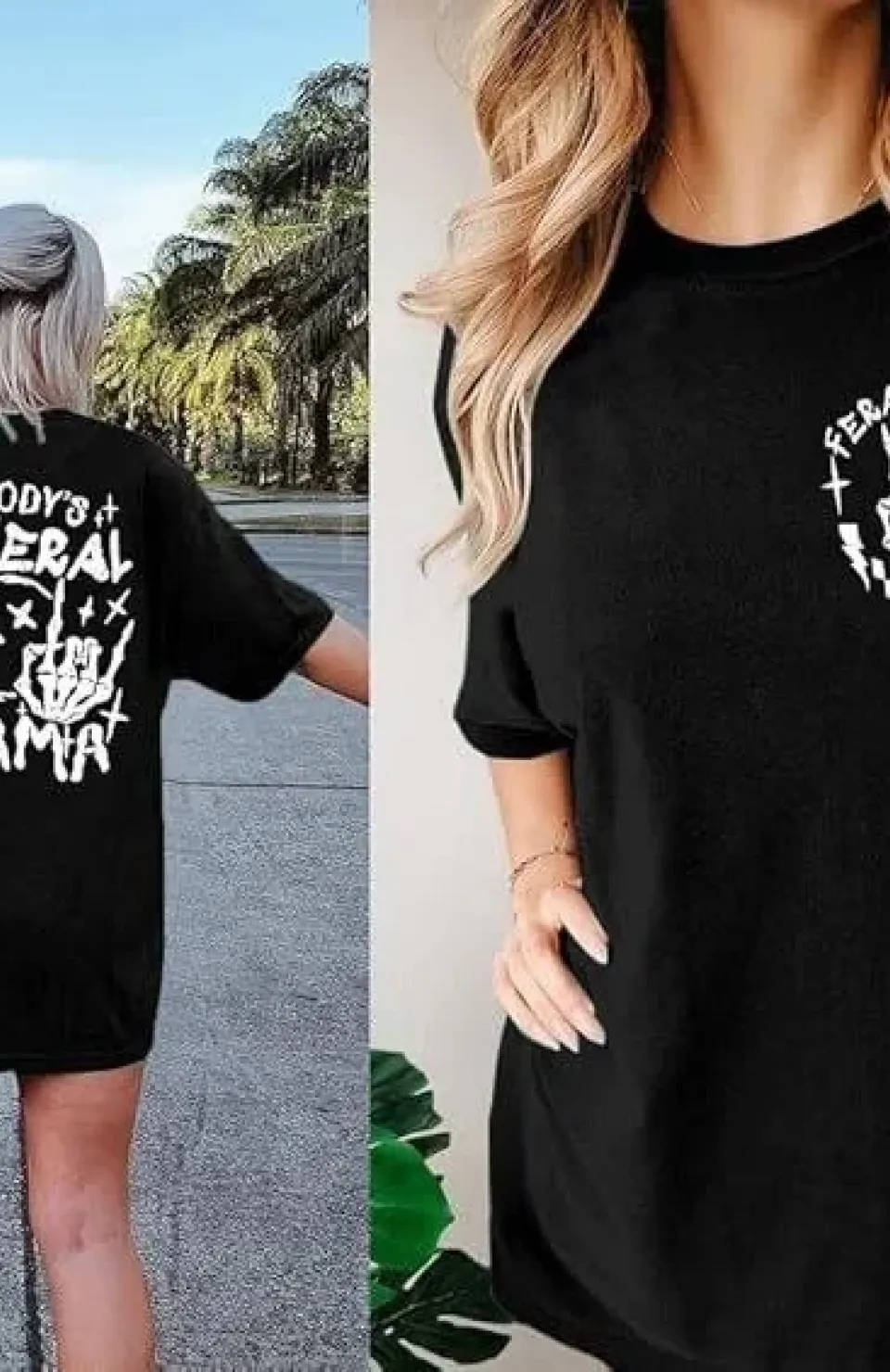 Kadın Bisiklet Yaka Baskılı T-shirt - Siyah