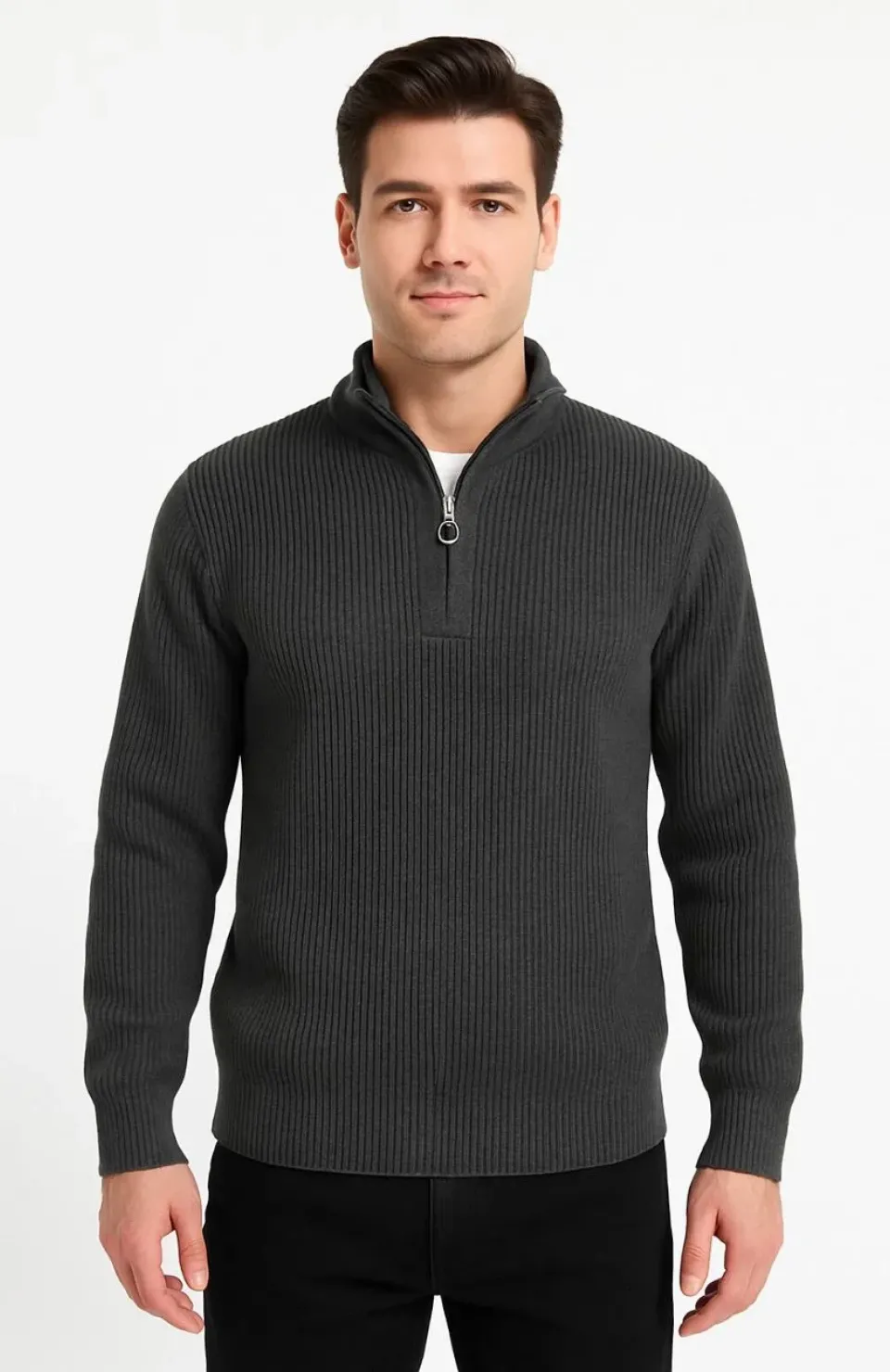 Erkek Yarım Fermuarlı Triko Kazak – Selanik Örgü, Dik Yaka, Pamuklu Dokuma, Regular Fit Uzun Kollu Kışlık Model - Füme Somersan Giyim | Kadın, Erkek ve Çocuk Moda